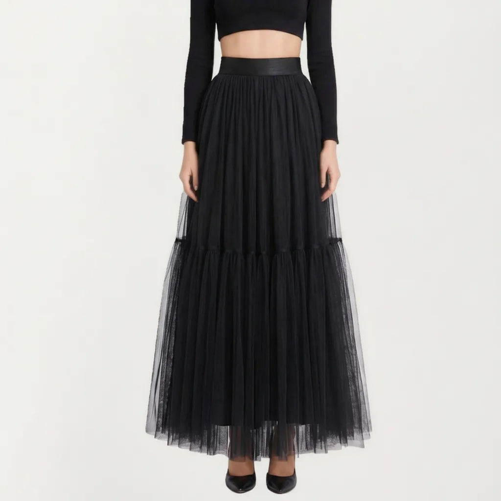 Anna-Kaci Women's High Waist Layered Tulle Maxi Skirt with Tiered Mesh Overlay Elastic Waistband