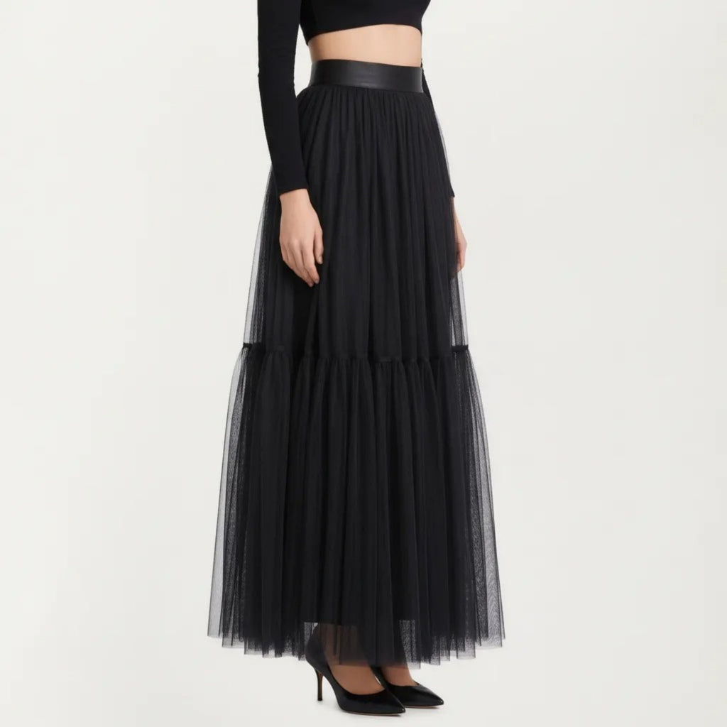 Anna-Kaci Women's High Waist Layered Tulle Maxi Skirt with Tiered Mesh Overlay Elastic Waistband