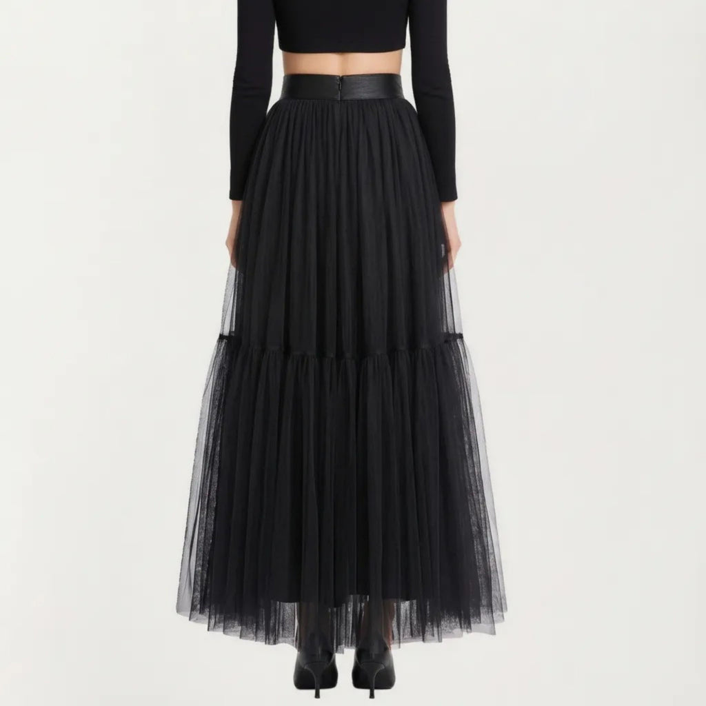 Anna-Kaci Women's High Waist Layered Tulle Maxi Skirt with Tiered Mesh Overlay Elastic Waistband