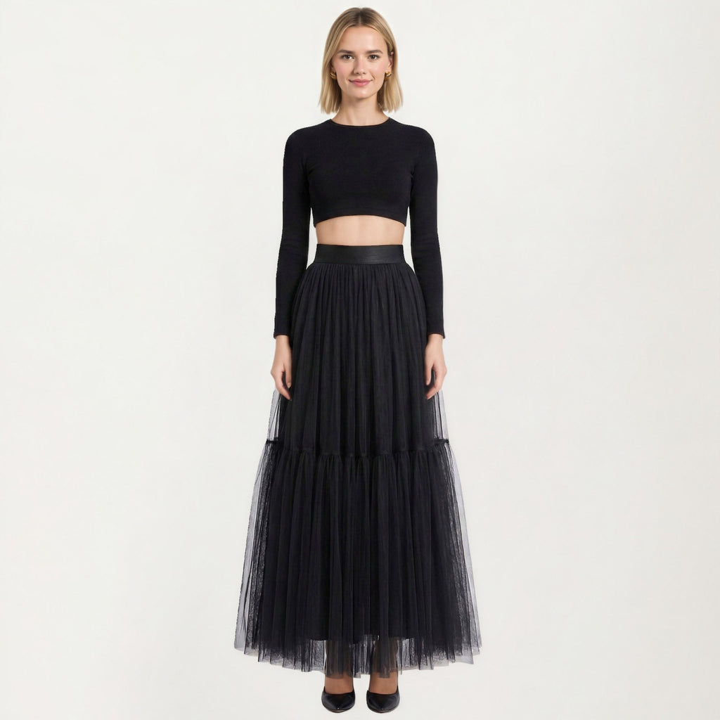 Anna-Kaci Women's High Waist Layered Tulle Maxi Skirt with Tiered Mesh Overlay Elastic Waistband