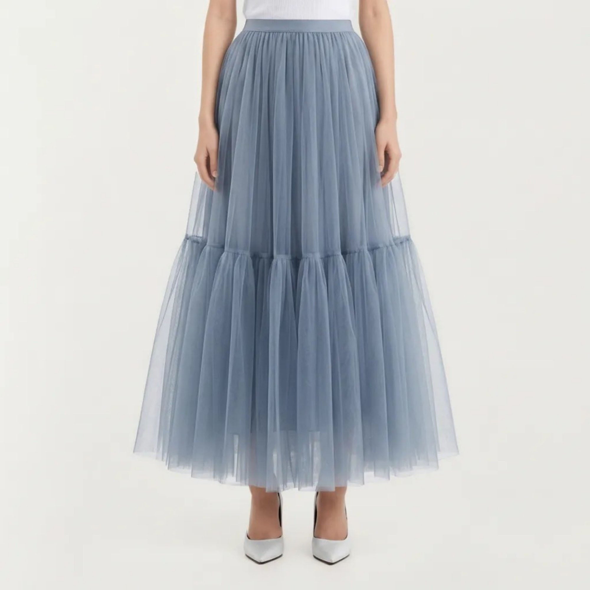Anna-Kaci Women's High Waist Layered Tulle Maxi Skirt with Tiered Mesh Overlay Elastic Waistband