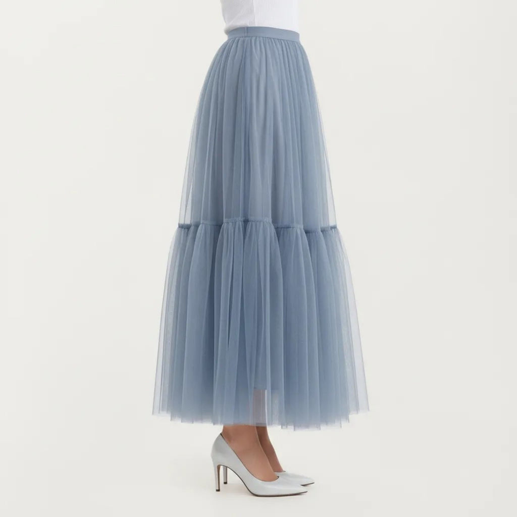 Anna-Kaci Women's High Waist Layered Tulle Maxi Skirt with Tiered Mesh Overlay Elastic Waistband