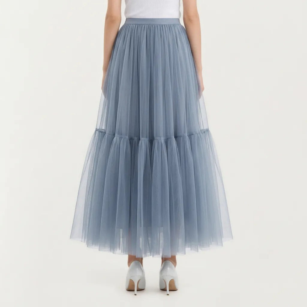 Anna-Kaci Women's High Waist Layered Tulle Maxi Skirt with Tiered Mesh Overlay Elastic Waistband