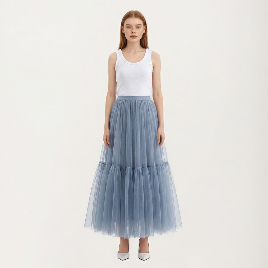 Anna-Kaci Women's High Waist Layered Tulle Maxi Skirt with Tiered Mesh Overlay Elastic Waistband