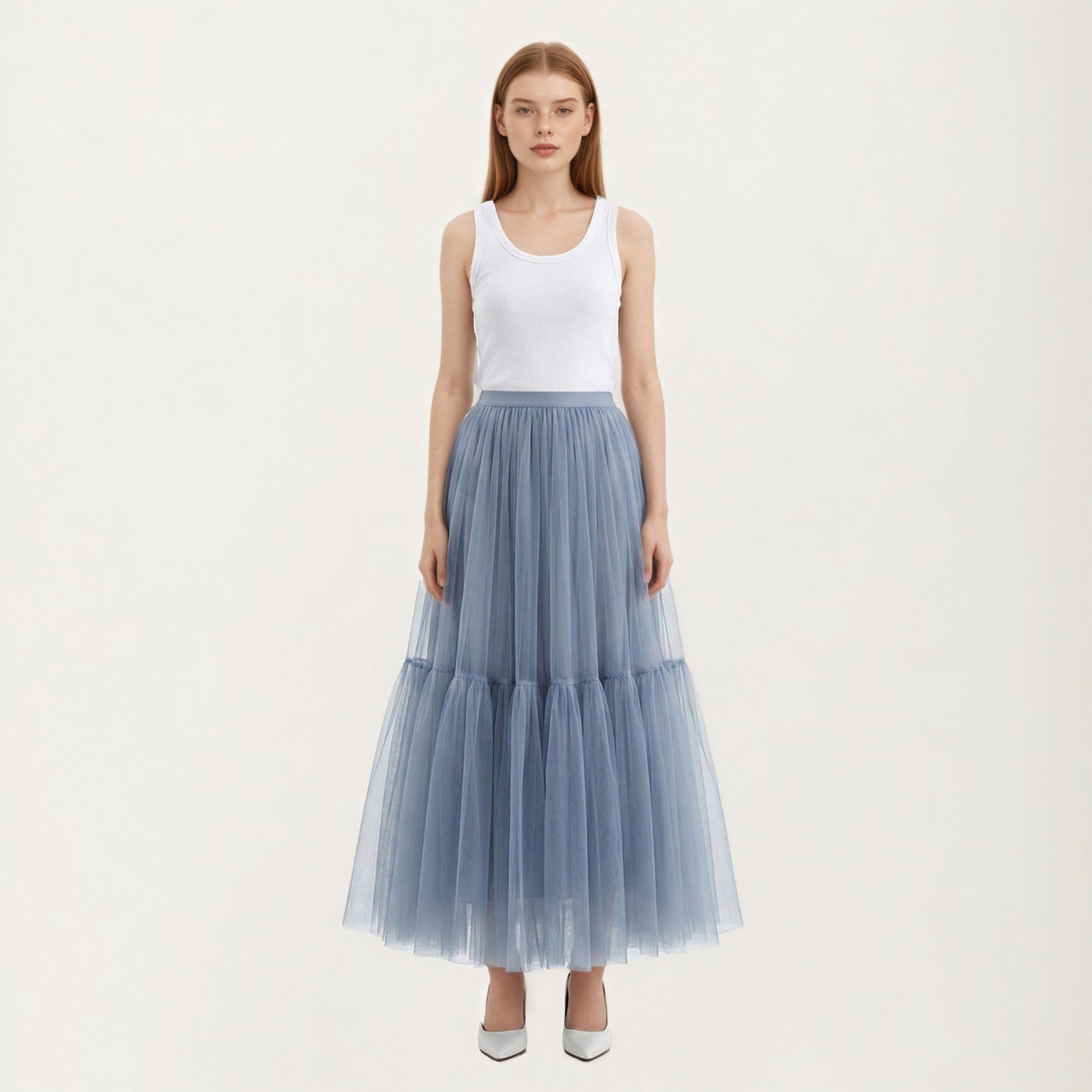 Anna-Kaci Women's High Waist Layered Tulle Maxi Skirt with Tiered Mesh Overlay Elastic Waistband