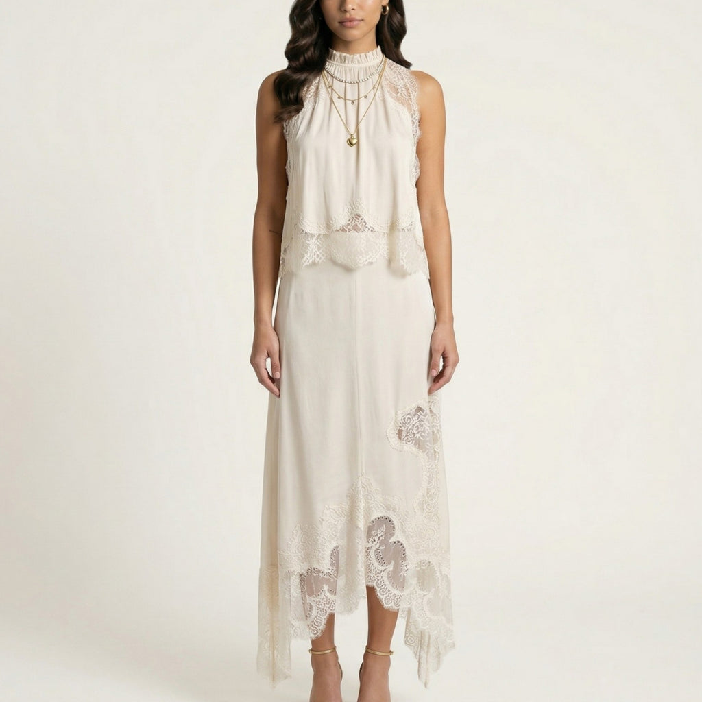 Anna-Kaci 2-Piece Set Sleeveless High Neck Lace Trim Top and Asymmetrical Hem Midi Skirt