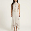 Anna-Kaci 2-Piece Set Sleeveless High Neck Lace Trim Top and Asymmetrical Hem Midi Skirt