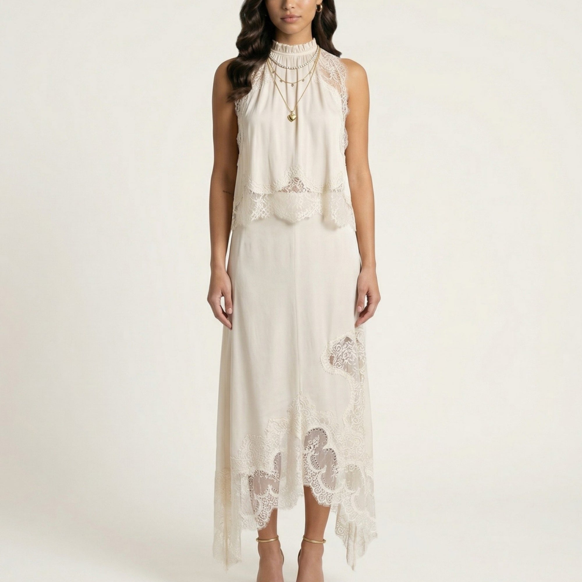 Anna-Kaci 2-Piece Set Sleeveless High Neck Lace Trim Top and Asymmetrical Hem Midi Skirt
