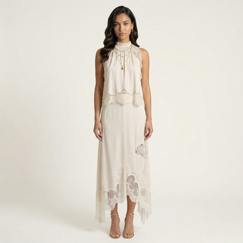 Anna-Kaci 2-Piece Set Sleeveless High Neck Lace Trim Top and Asymmetrical Hem Midi Skirt