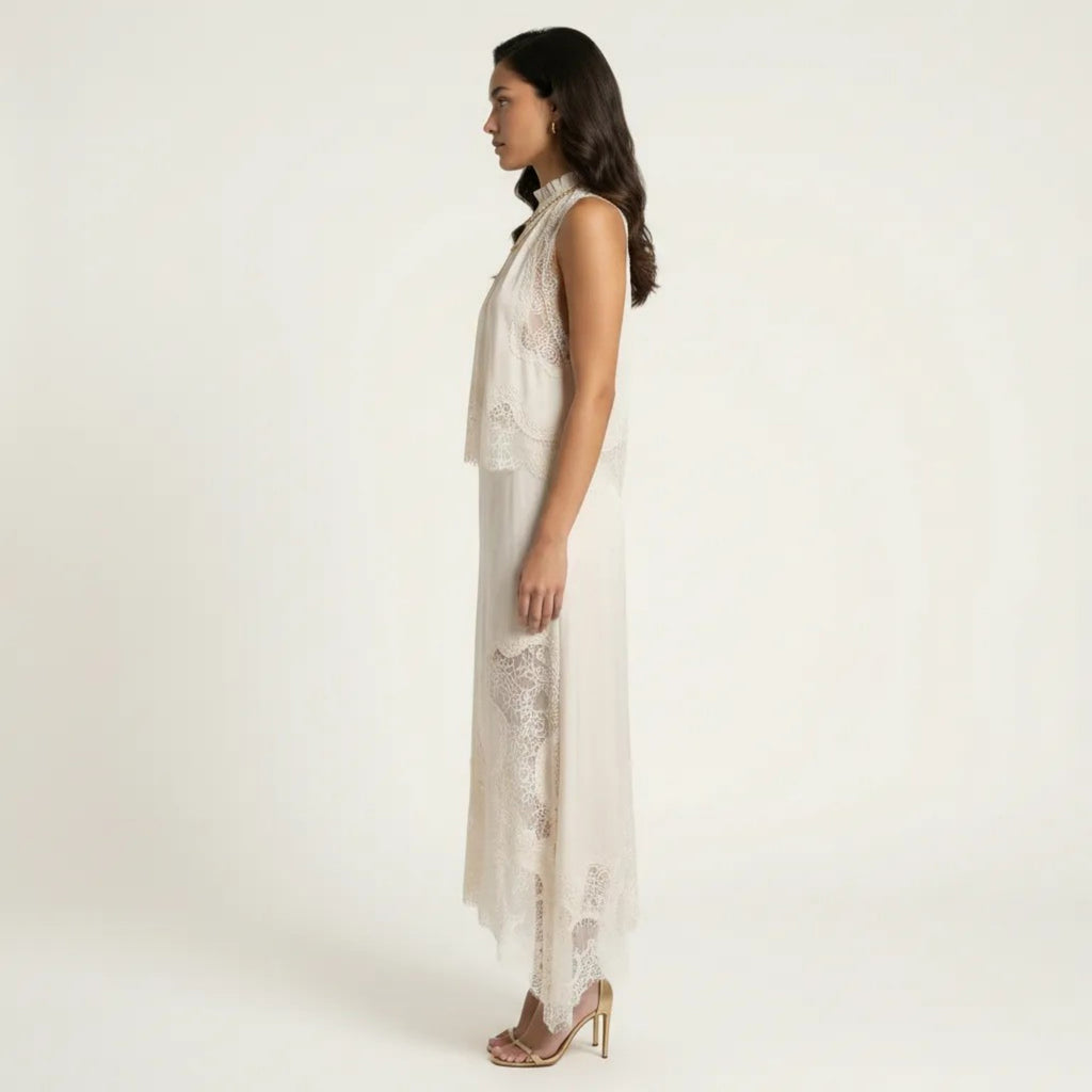 Anna-Kaci 2-Piece Set Sleeveless High Neck Lace Trim Top and Asymmetrical Hem Midi Skirt