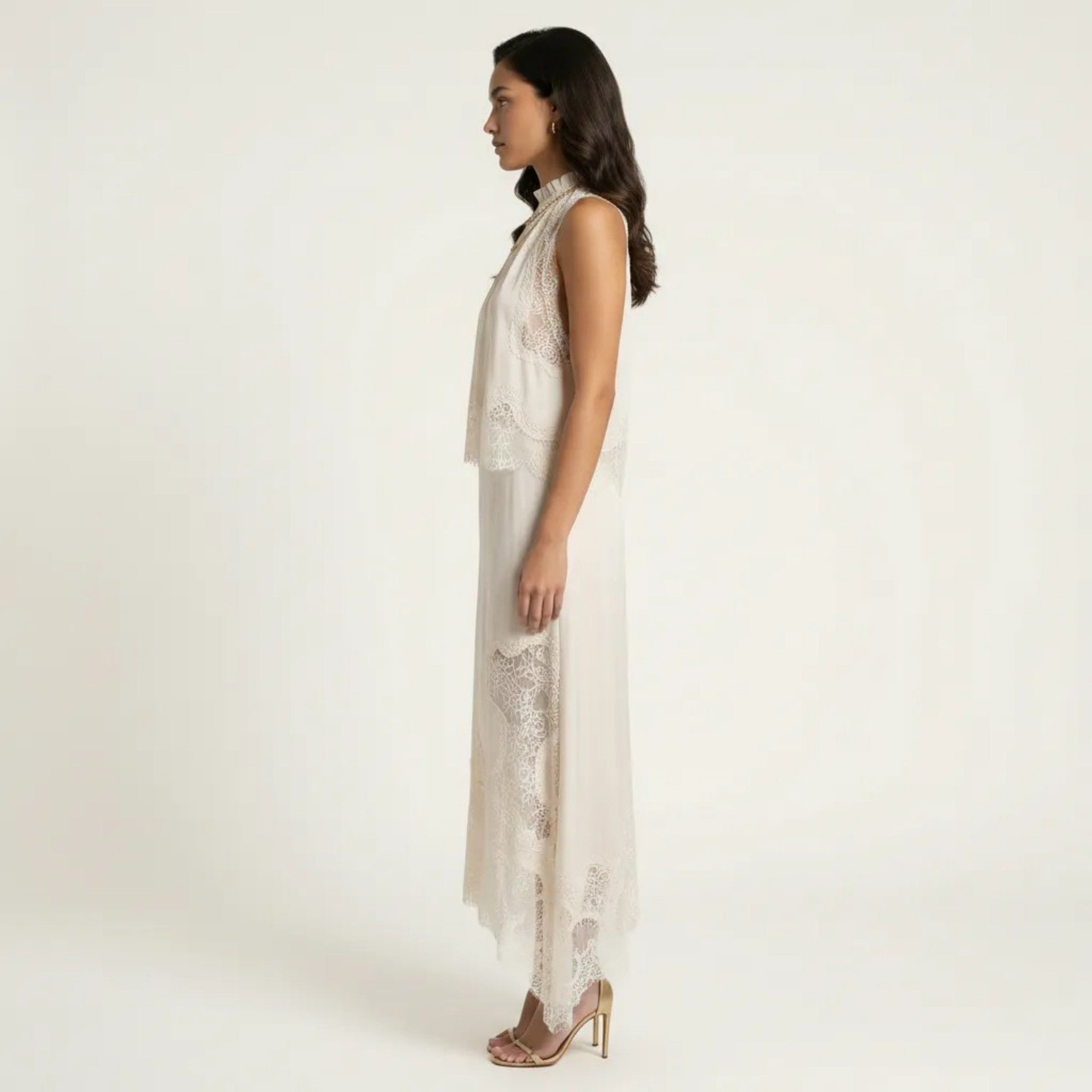 Anna-Kaci 2-Piece Set Sleeveless High Neck Lace Trim Top and Asymmetrical Hem Midi Skirt