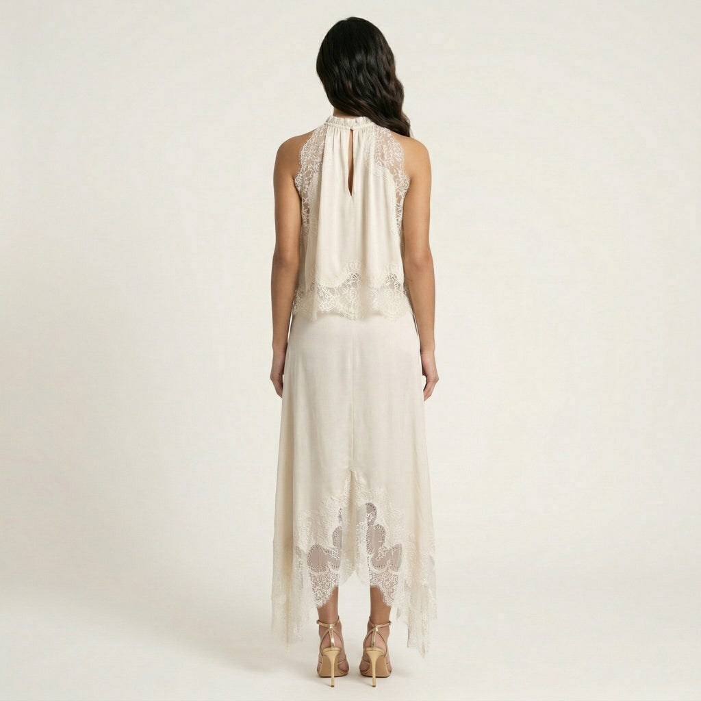 Anna-Kaci 2-Piece Set Sleeveless High Neck Lace Trim Top and Asymmetrical Hem Midi Skirt