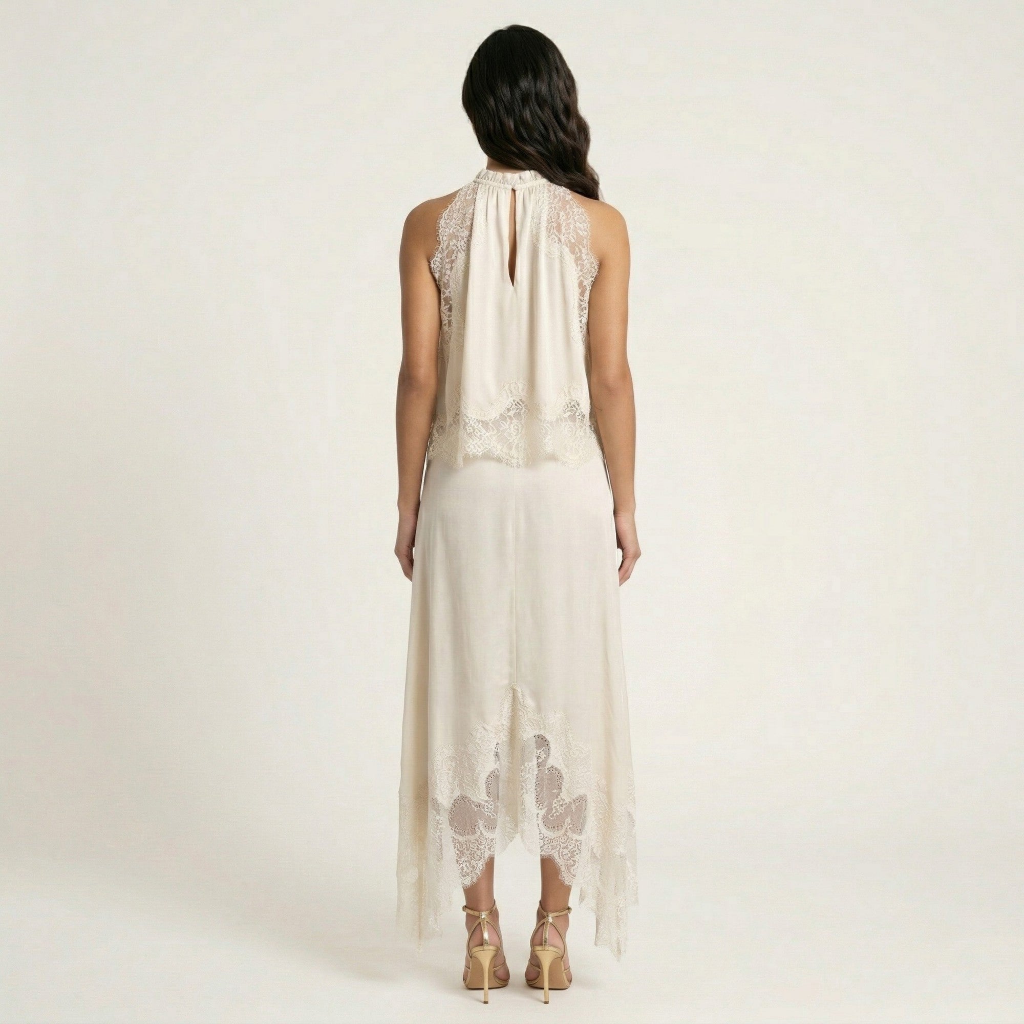Anna-Kaci 2-Piece Set Sleeveless High Neck Lace Trim Top and Asymmetrical Hem Midi Skirt