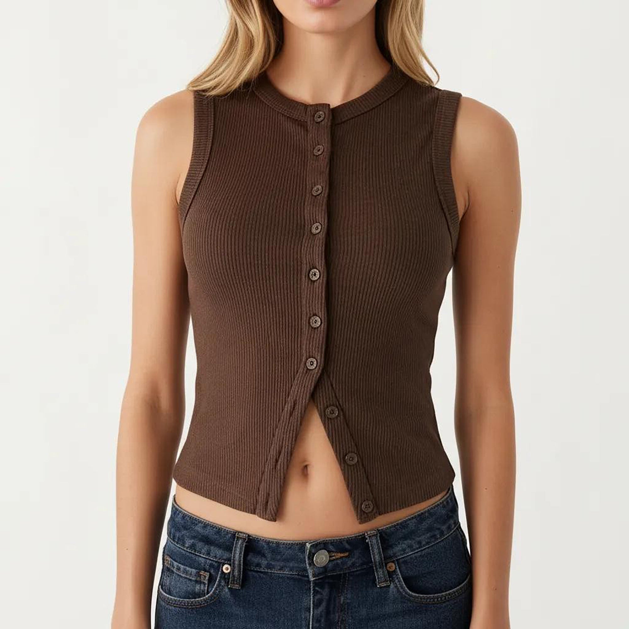 Anna-Kaci Women's Sleeveless Ribbed Knit Button Front Tank Top Fitted Stretch Casual Summer Layering Top