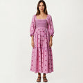 Anna-Kaci Women's Smocked Square Neck Maxi Dress with Embroidered Floral Pattern Puff Sleeves