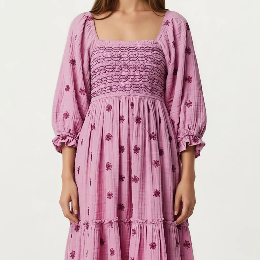 Anna-Kaci Women's Smocked Square Neck Maxi Dress with Embroidered Floral Pattern Puff Sleeves