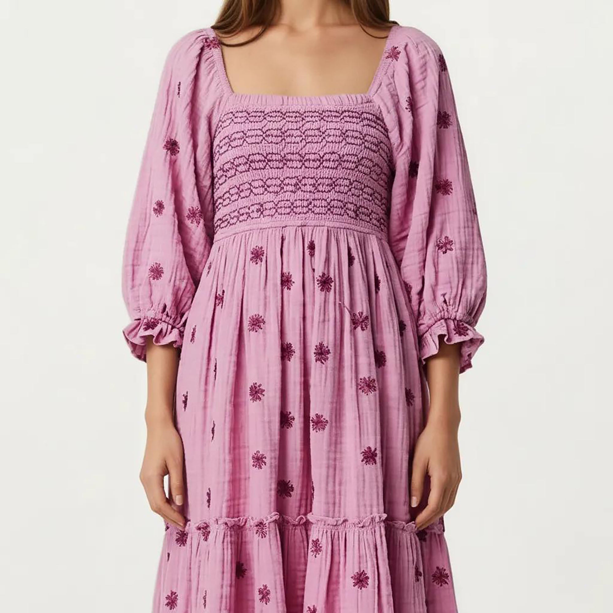 Anna-Kaci Women's Smocked Square Neck Maxi Dress with Embroidered Floral Pattern Puff Sleeves