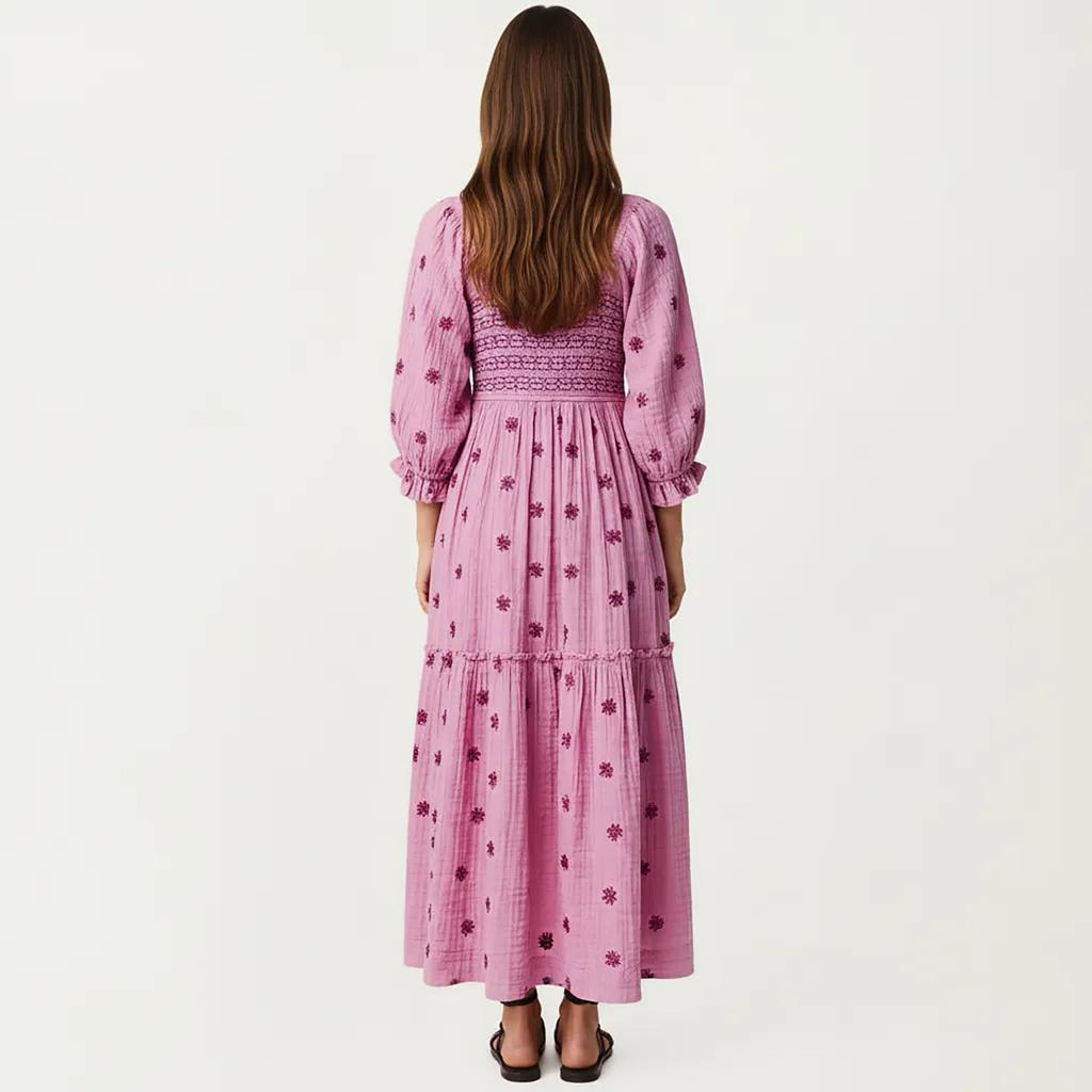 Anna-Kaci Women's Smocked Square Neck Maxi Dress with Embroidered Floral Pattern Puff Sleeves