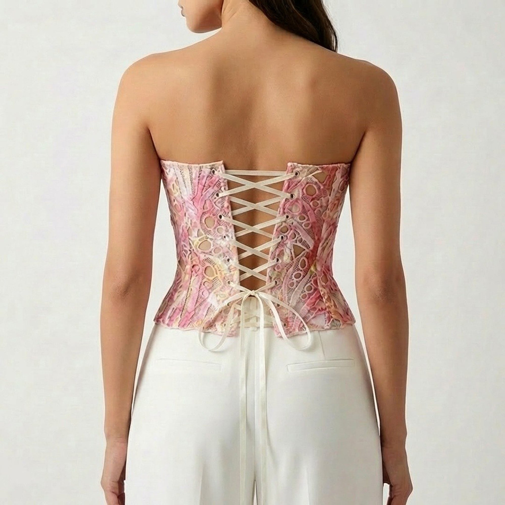 Anna-Kaci Women's Strapless Lace Corset Top Structured Boned Bustier Peplum Hem Shaping Bodice Statement Top