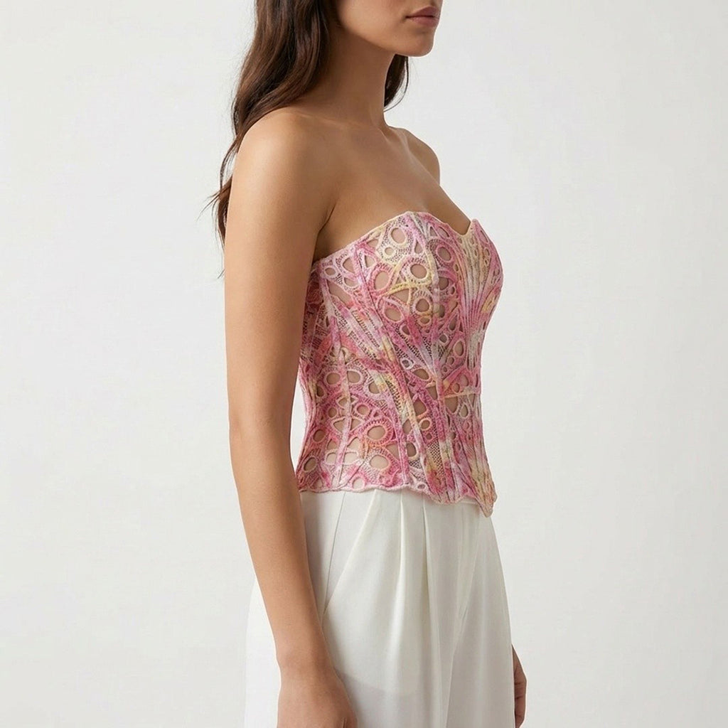 Anna-Kaci Women's Strapless Lace Corset Top Structured Boned Bustier Peplum Hem Shaping Bodice Statement Top