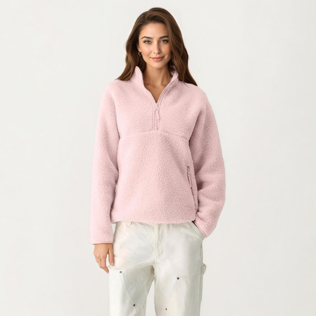 Anna-Kaci Women's High Pile Fleece Pullover Jacket with Half Zip Front Stand Collar Long Sleeves