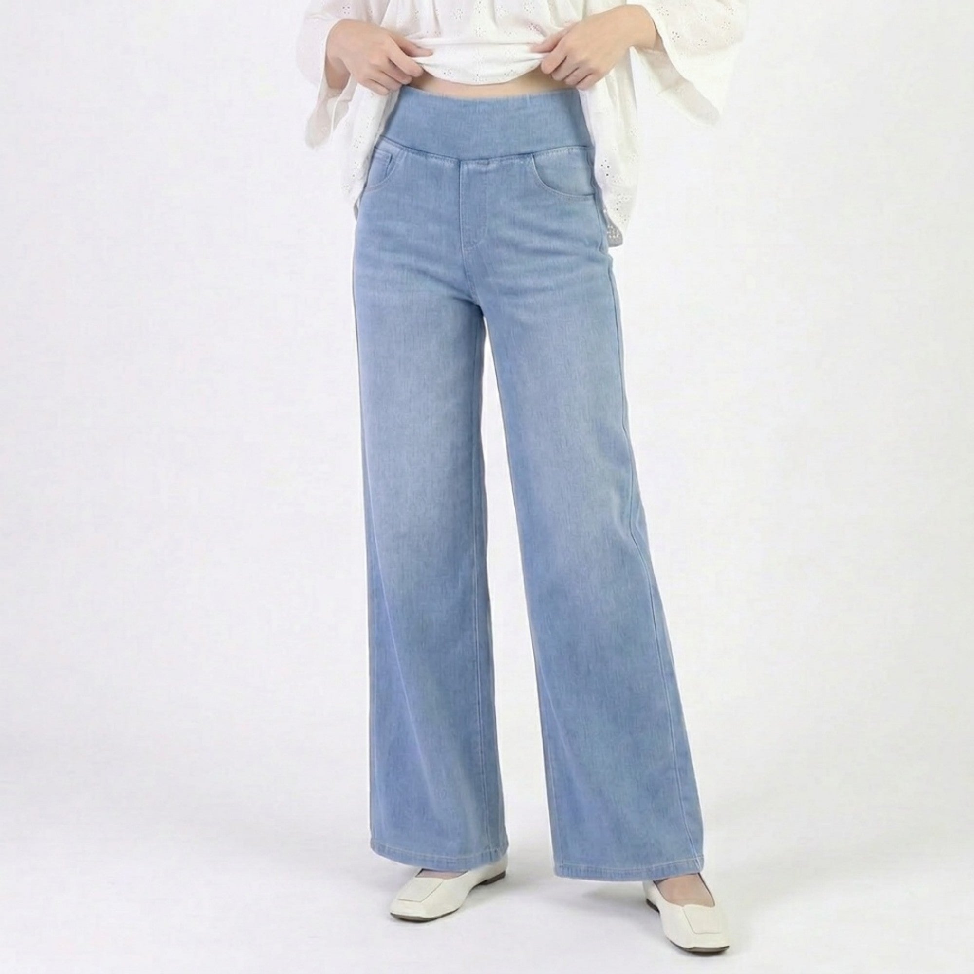 Anna-Kaci High Waist Wide Leg Denim Pants with Pull On Elastic Waist Stretch Fit Relaxed Silhouette