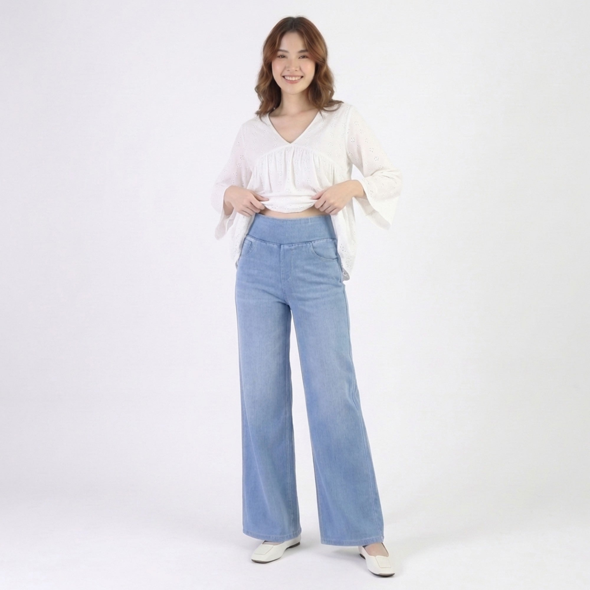 Anna-Kaci High Waist Wide Leg Denim Pants with Pull On Elastic Waist Stretch Fit Relaxed Silhouette