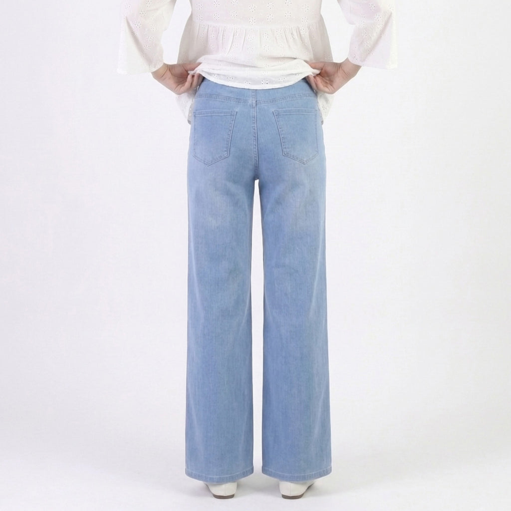 Anna-Kaci High Waist Wide Leg Denim Pants with Pull On Elastic Waist Stretch Fit Relaxed Silhouette