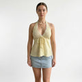 Anna-Kaci Women's Lace Halter Neck Sleeveless Top with Tie Front Detail Stretch Smocked Back