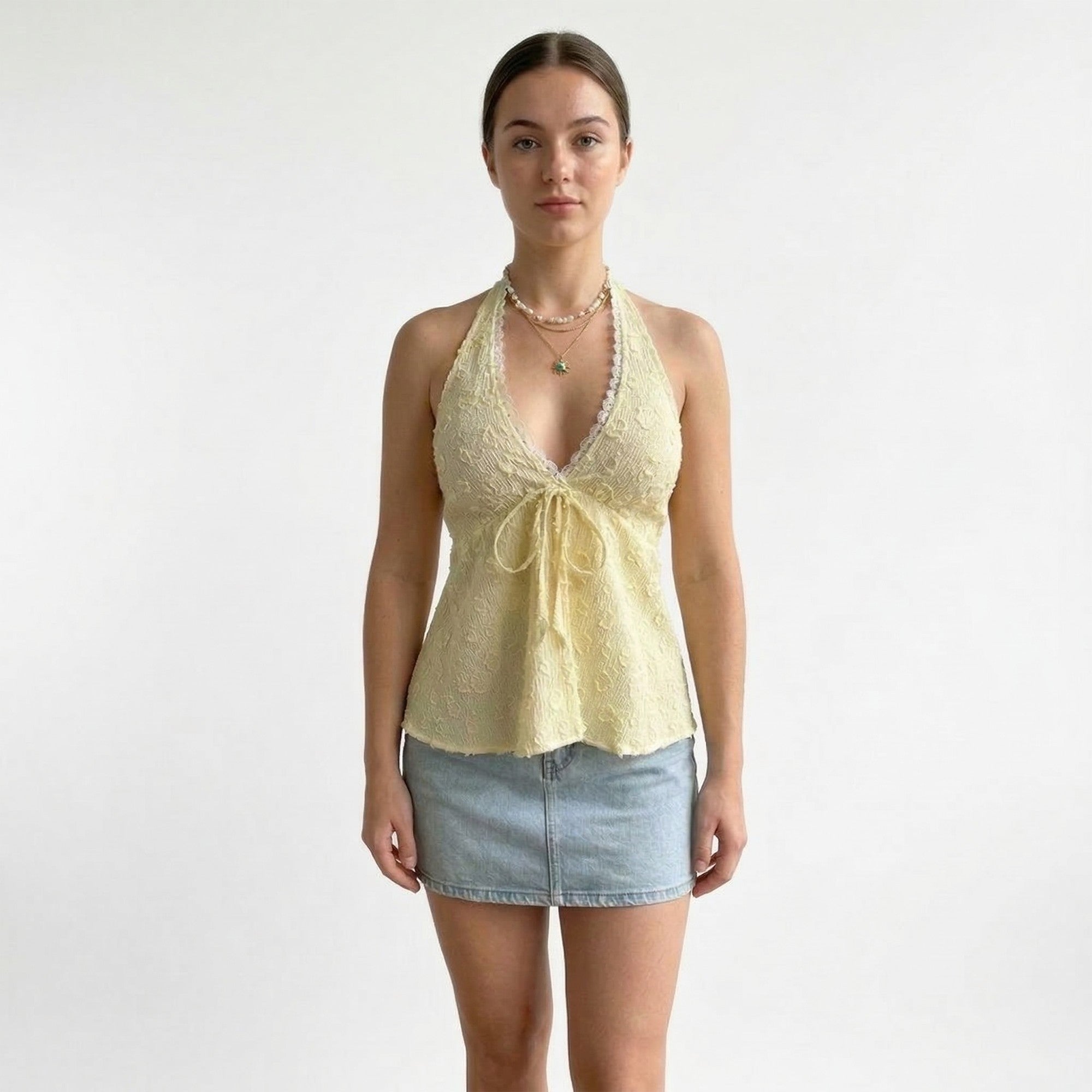 Anna-Kaci Women's Lace Halter Neck Sleeveless Top with Tie Front Detail Stretch Smocked Back