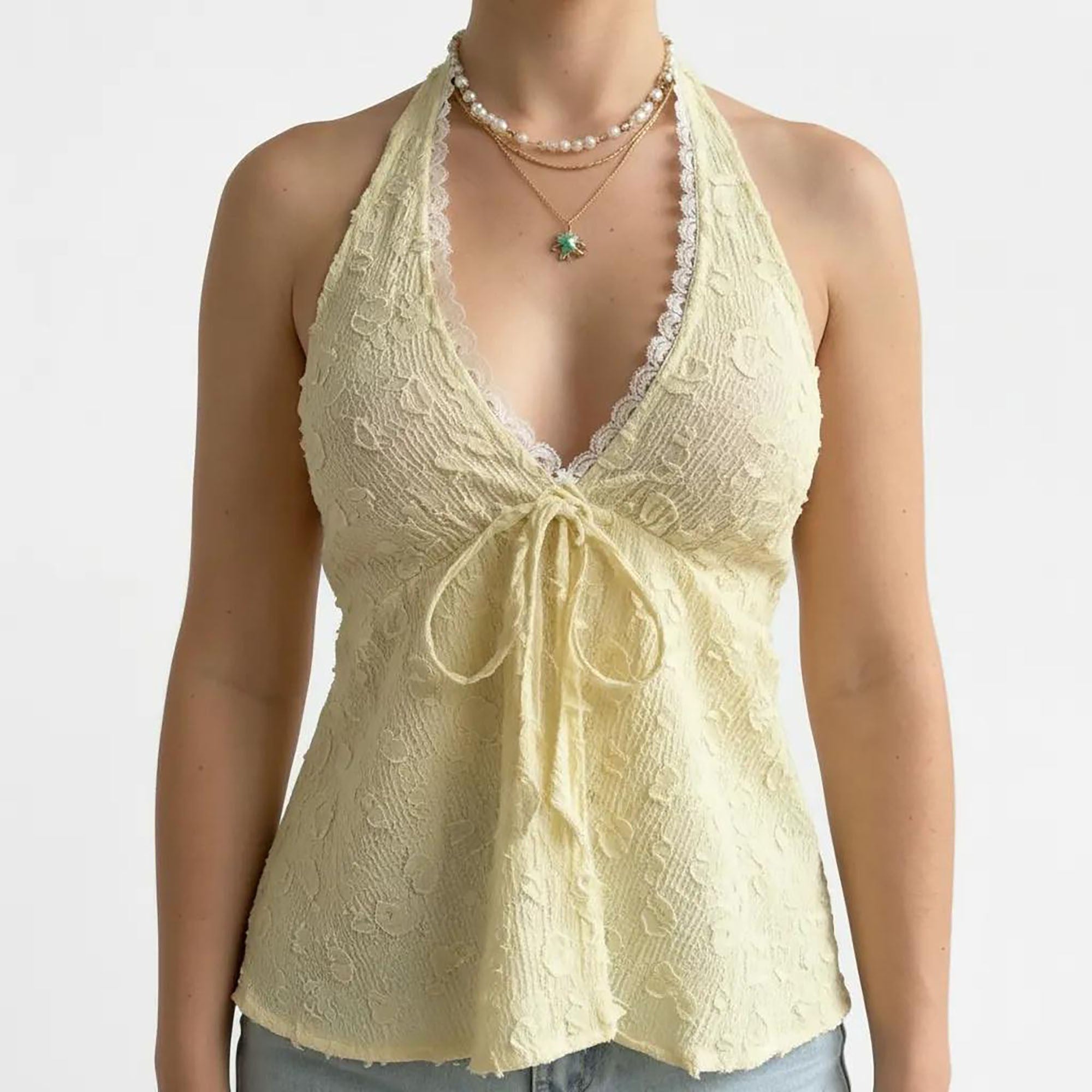 Anna-Kaci Women's Lace Halter Neck Sleeveless Top with Tie Front Detail Stretch Smocked Back