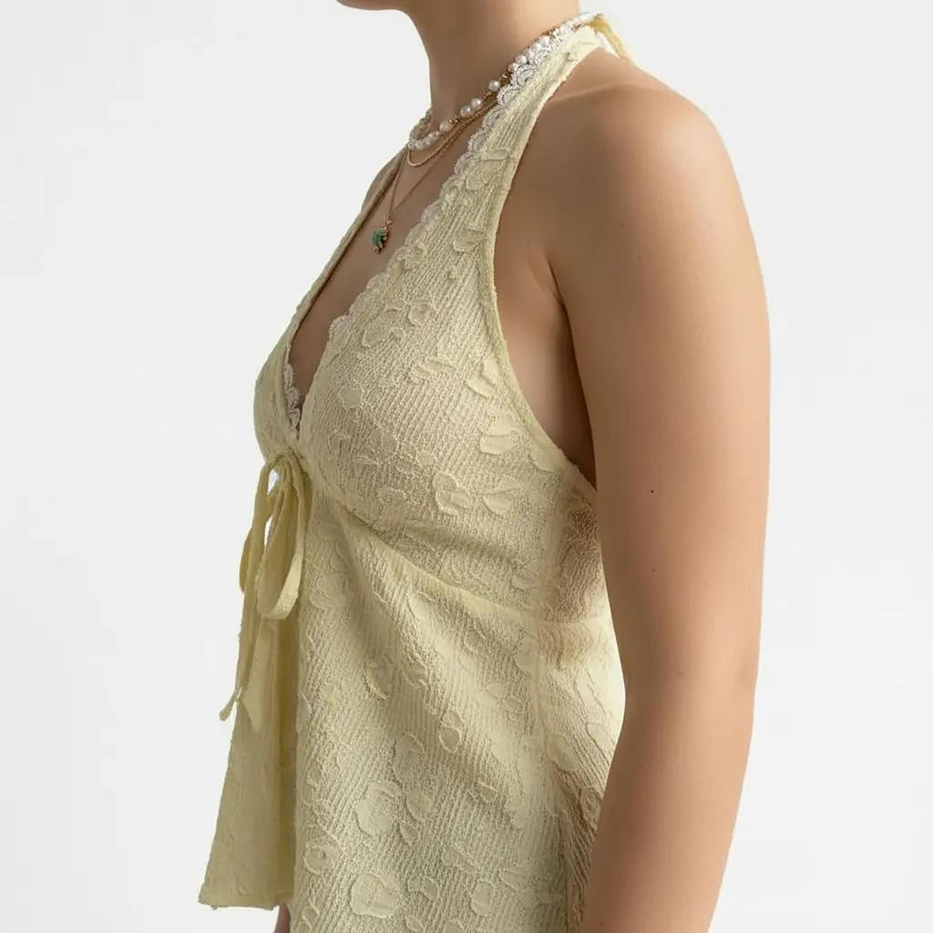 Anna-Kaci Women's Lace Halter Neck Sleeveless Top with Tie Front Detail Stretch Smocked Back