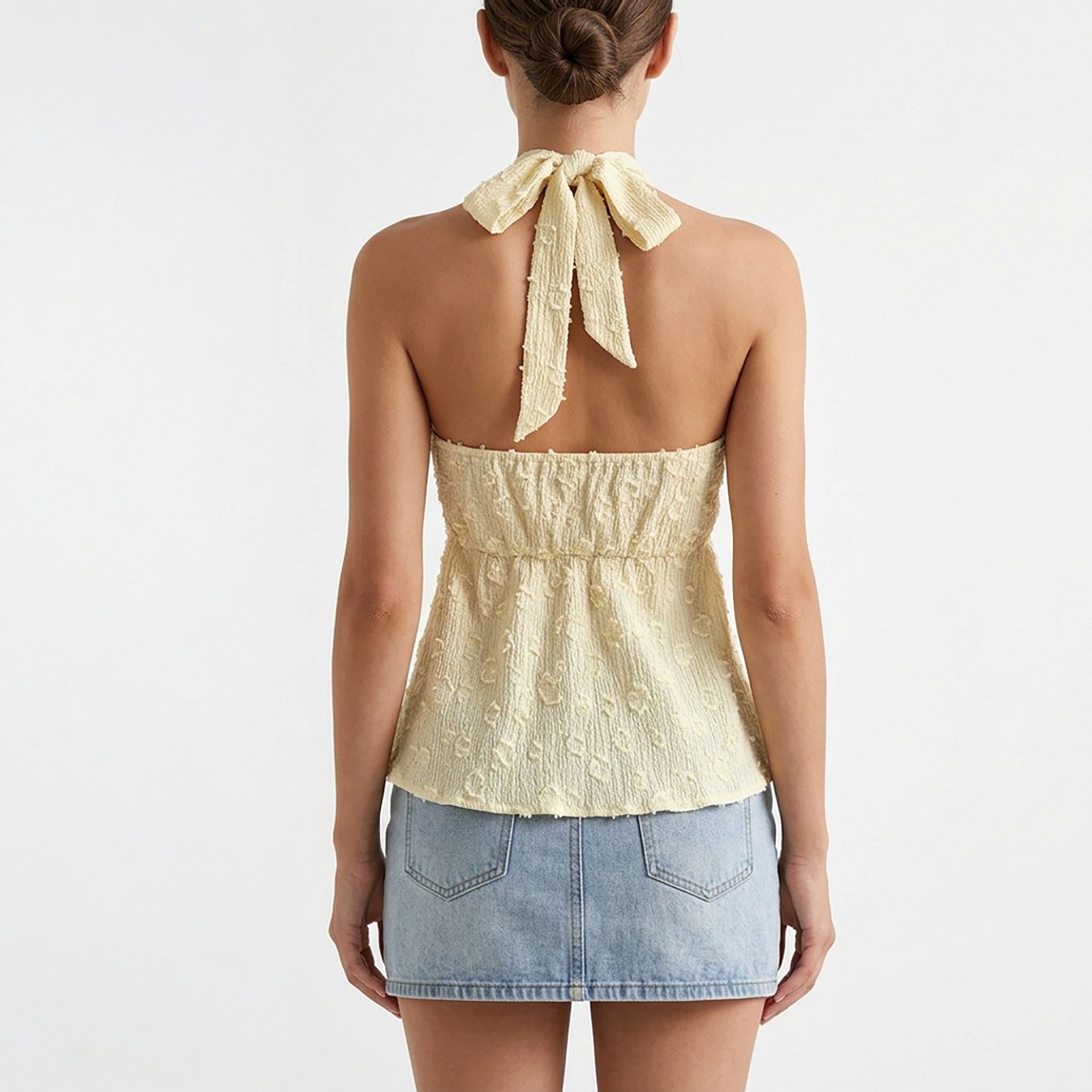 Anna-Kaci Women's Lace Halter Neck Sleeveless Top with Tie Front Detail Stretch Smocked Back