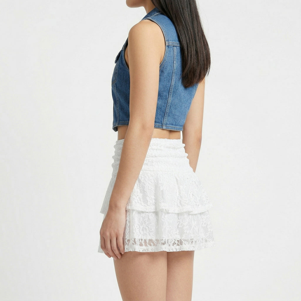 Anna-Kaci Lace Tiered Mini Skirt with Elastic Waist Ruffle Layers Sheer Overlay Feminine Fit