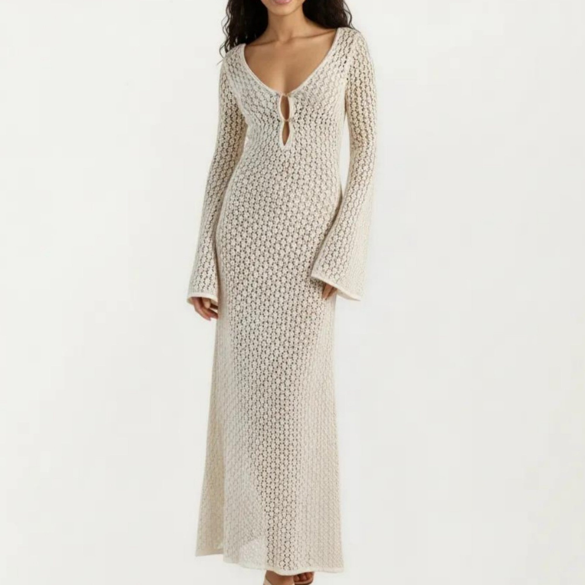 Anna-Kaci Crochet Cover Up Maxi Dress with Long Bell Sleeves Deep V Neck Sheer Knit Swim Cover Up