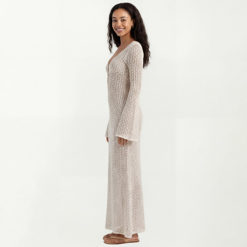Anna-Kaci Crochet Cover Up Maxi Dress with Long Bell Sleeves Deep V Neck Sheer Knit Swim Cover Up