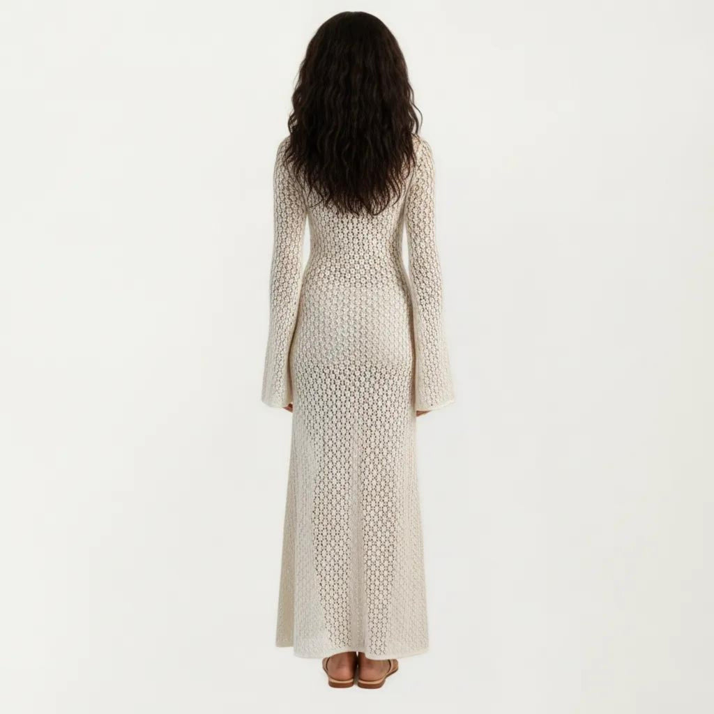 Anna-Kaci Crochet Cover Up Maxi Dress with Long Bell Sleeves Deep V Neck Sheer Knit Swim Cover Up