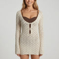 Anna-Kaci Women's Long Sleeve Open Knit Swim Cover Up Dress with Scoop Neck Cutout Front Bodycon Beachwear