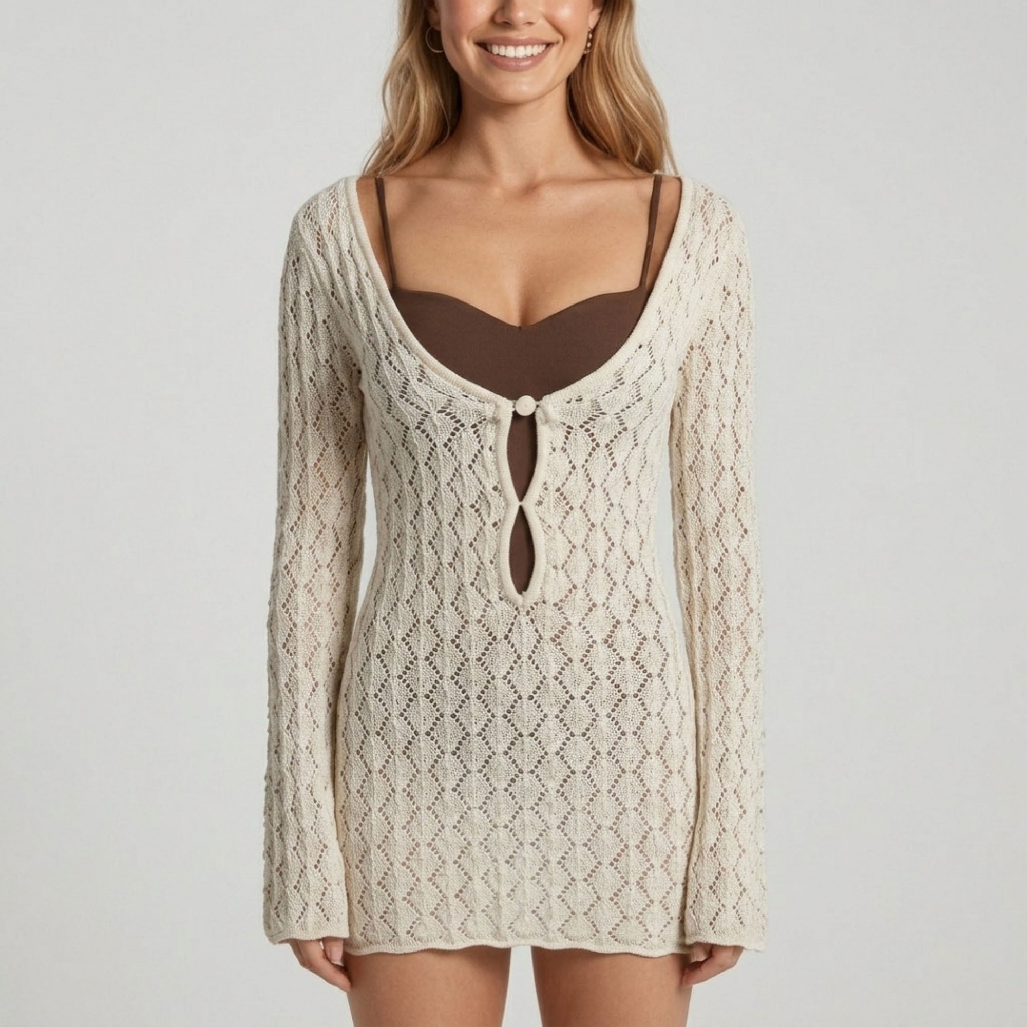 Anna-Kaci Women's Long Sleeve Open Knit Swim Cover Up Dress with Scoop Neck Cutout Front Bodycon Beachwear