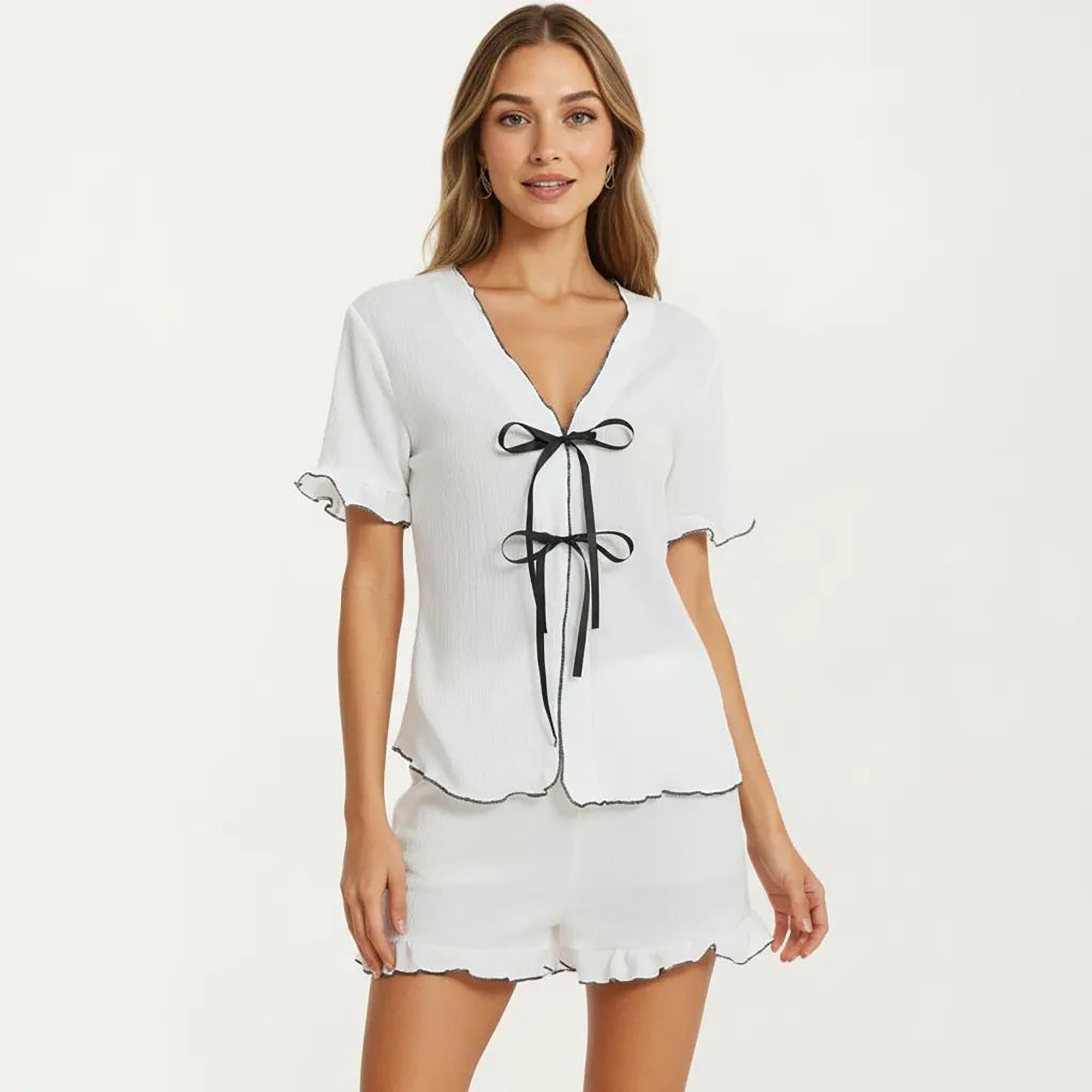 Anna-Kaci 2-Piece Set Short Sleeve V Neck Tie Front Pajama Top with Ruffle Hem Shorts Lounge Sleepwear Set