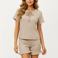 Anna-Kaci 2-Piece Set Ribbed Pajama Top with Tie Neck Detail and Ruffle Hem Shorts Lounge Sleepwear Set