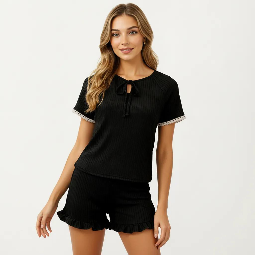 Anna-Kaci 2-Piece Set Ribbed Pajama Top with Tie Neck Detail and Ruffle Hem Shorts Lounge Sleepwear Set