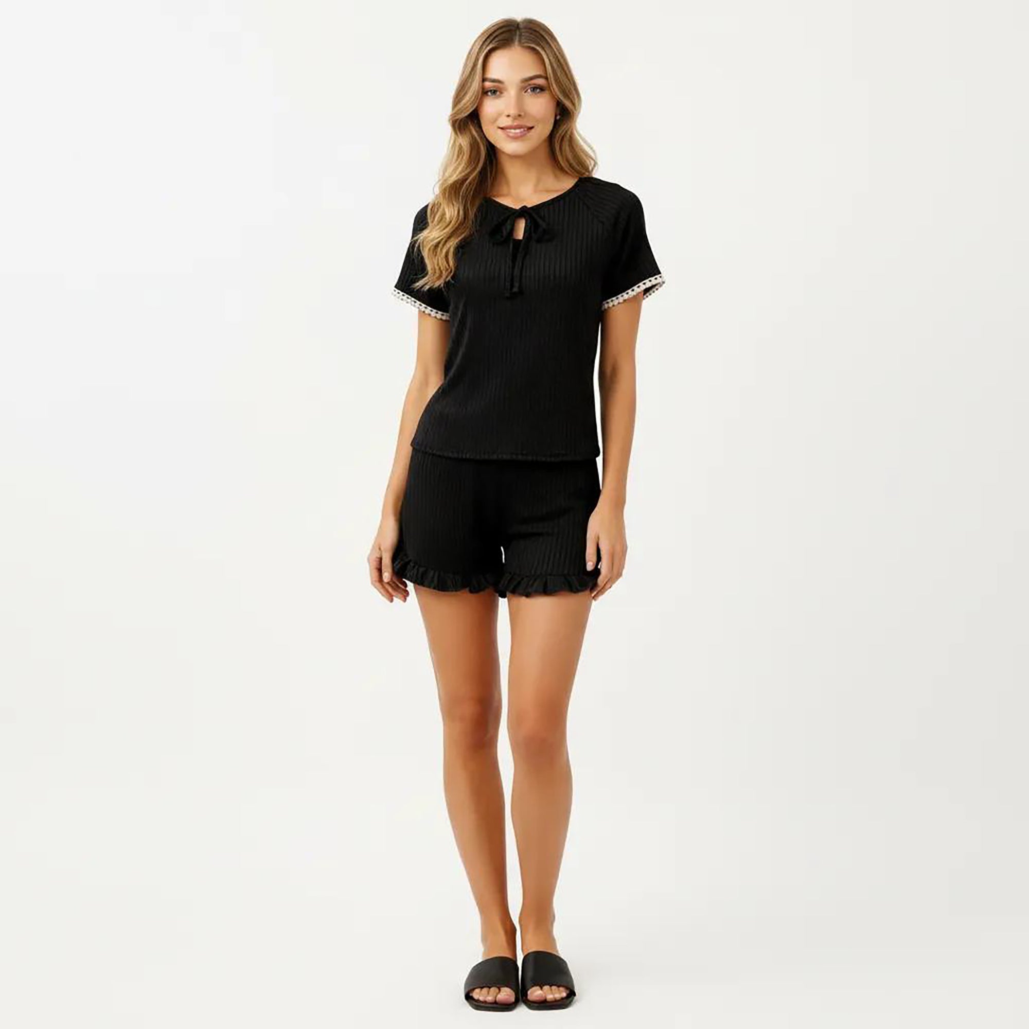 Anna-Kaci 2-Piece Set Ribbed Pajama Top with Tie Neck Detail and Ruffle Hem Shorts Lounge Sleepwear Set