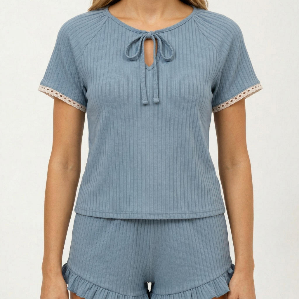 Anna-Kaci 2-Piece Set Ribbed Pajama Top with Tie Neck Detail and Ruffle Hem Shorts Lounge Sleepwear Set