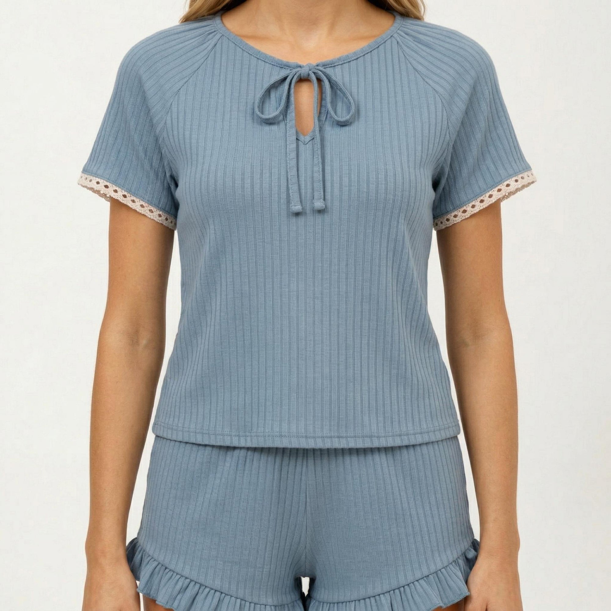 Anna-Kaci 2-Piece Set Ribbed Pajama Top with Tie Neck Detail and Ruffle Hem Shorts Lounge Sleepwear Set