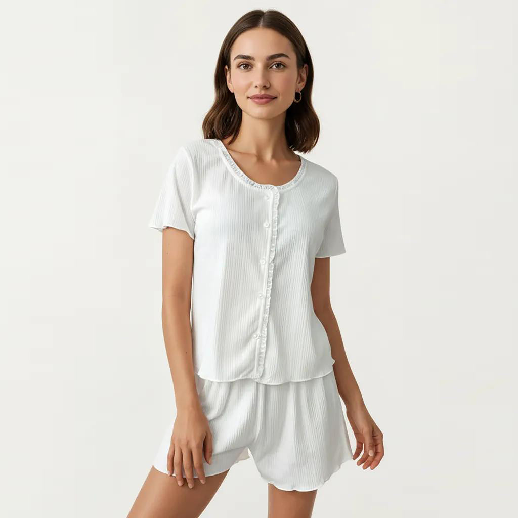 Anna-Kaci 2-Piece Set Short Sleeve Button Front Pajama Top and Relaxed Fit Shorts Textured Sleepwear Set