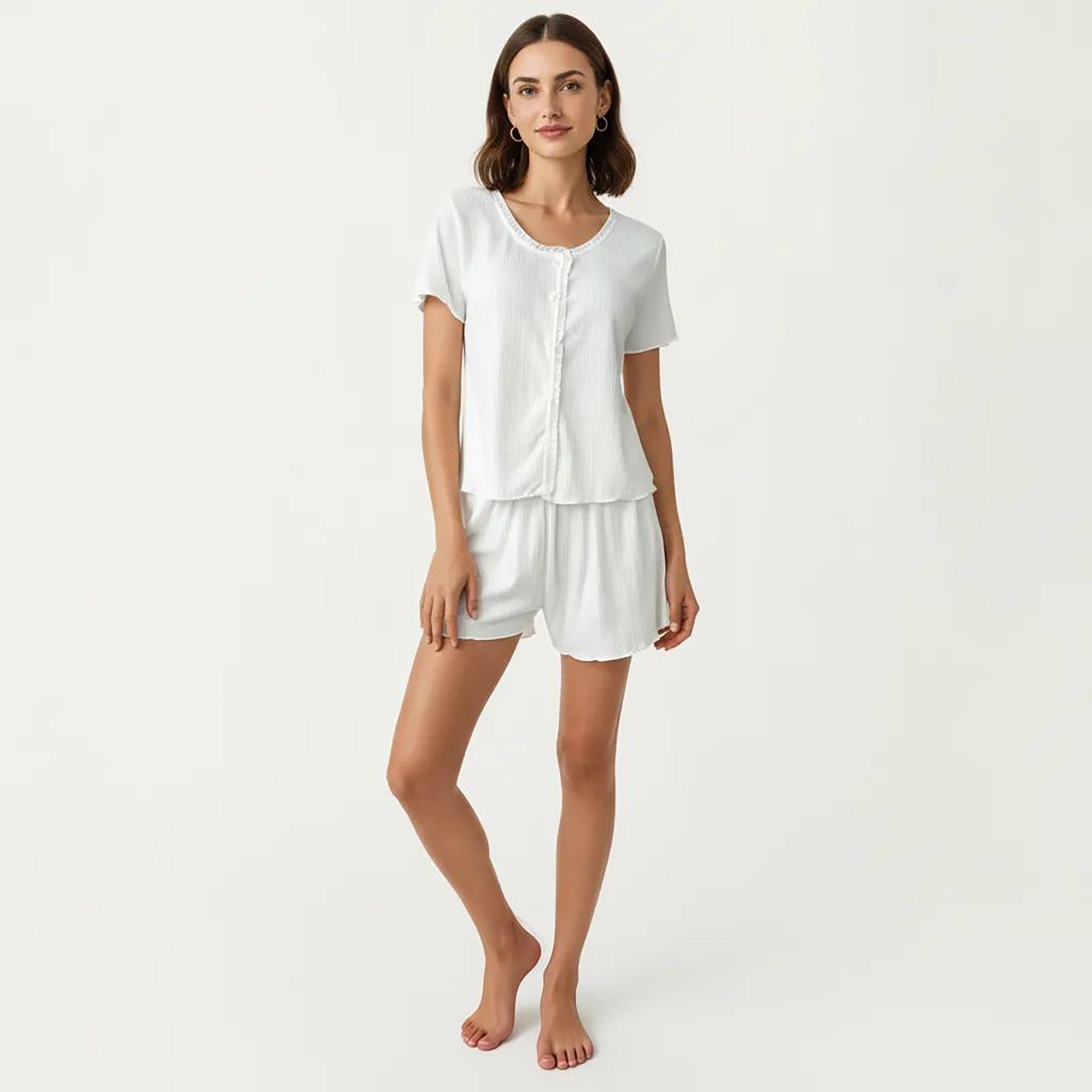 Anna-Kaci 2-Piece Set Short Sleeve Button Front Pajama Top and Relaxed Fit Shorts Textured Sleepwear Set