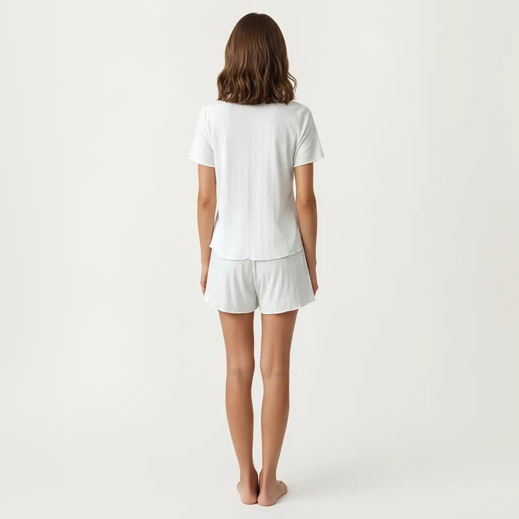 Anna-Kaci 2-Piece Set Short Sleeve Button Front Pajama Top and Relaxed Fit Shorts Textured Sleepwear Set