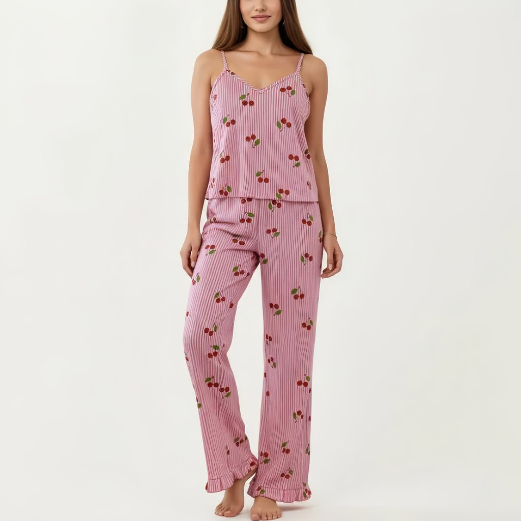 Anna-Kaci 2-Piece Set Sleeveless Pajama Cami Top with Adjustable Straps and Relaxed Fit Pants Sleepwear Set