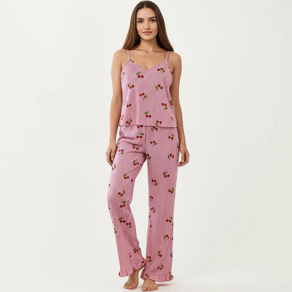 Anna-Kaci 2-Piece Set Sleeveless Pajama Cami Top with Adjustable Straps and Relaxed Fit Pants Sleepwear Set